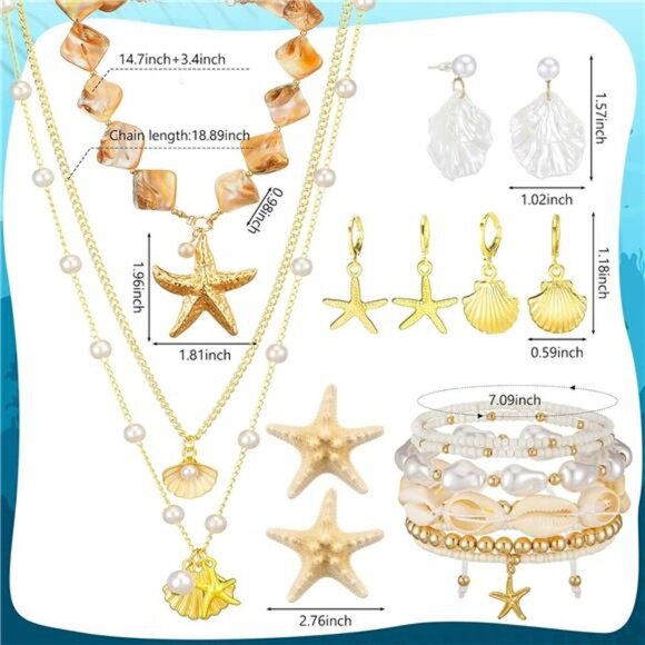Tondiamo 13 Pcs Beach Jewelry for Women Set Starfish Seashell Necklace Earrings - Picture 4 of 7